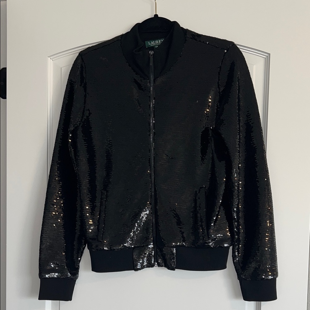 Lauren Ralph Lauren Black Sequin Bomber Jacket fill zip